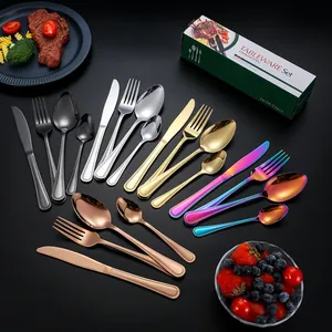 24-piece stainless steel cutlery set in gold and black finishes for steak dining