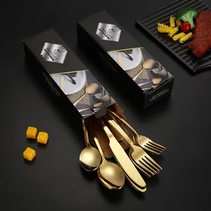 Ménagère 20 pièces en acier inoxydable doré avec couteaux à steak et boîte cadeau noire