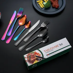24-piece stainless steel cutlery set with rainbow and matte black finish on dark background