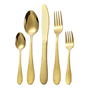 Ménagère 20 pièces en acier inoxydable doré martelé avec couteaux et fourchettes