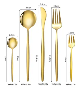 Detailed dimensions and weight chart for the 5-piece gold stainless steel cutlery set