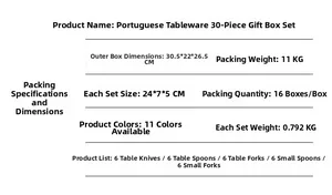 Detailed 30-piece cutlery set specifications including dimensions and components list