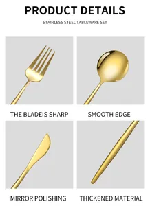 Detail view of mirror-polished golden stainless steel cutlery set with sharp edges