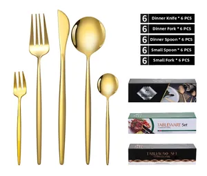 Golden 30-piece stainless steel cutlery set with spoons, forks and knives in a gift box