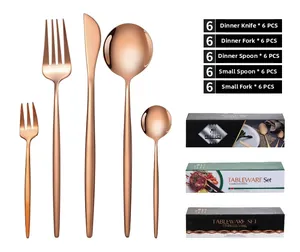 Detailed view of 30-piece rose gold stainless steel cutlery set with elegant packaging boxes