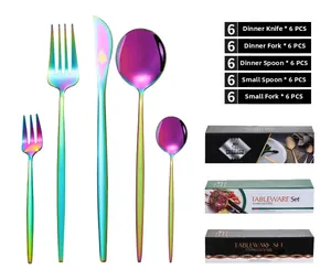 Detailed set of 30 rainbow stainless steel cutlery pieces with elegant gift boxes