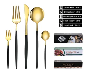 30-piece black and gold stainless steel cutlery set with elegant gift box packaging