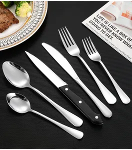 Detail of 6-piece stainless steel cutlery set with black handle steak knife on dark background