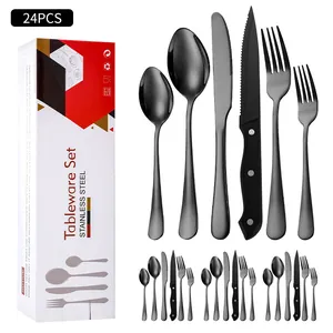 Close-up of a 24-piece matte black stainless steel cutlery set with eco-friendly packaging