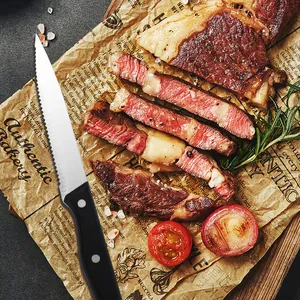 24-piece stainless steel cutlery set featuring a black steak knife on a vintage background