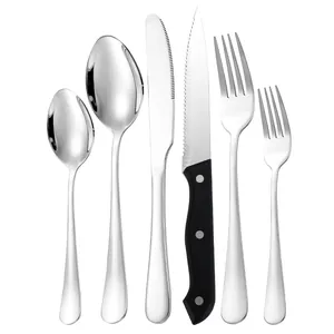24-piece stainless steel cutlery set with silver finish and black triple-rivet handles