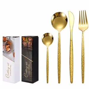 Luxury Stainless Steel Tableware With Hammered Texture For Wedding Party Hotel Gold Silver Black Steak Knife Fork Spoon