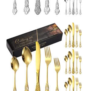 Détails de couverts 24 pièces en acier inoxydable doré avec motifs gaufrés et coffret cadeau