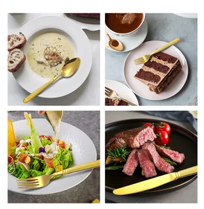 Set de couverts en acier doré en scènes d'usage pour soupe, salade, steak et dessert gâteau
