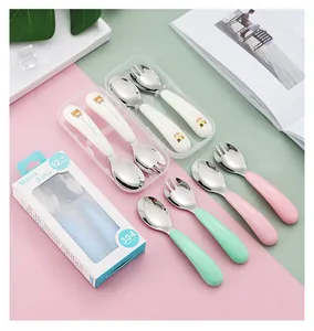 Detail of 304 stainless steel toddler cutlery set with cute bear handles and storage case