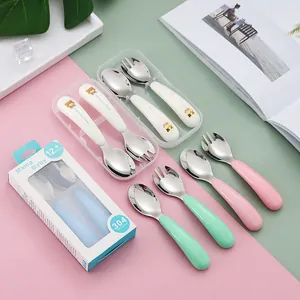 Portable 304 Stainless Steel Kids Tableware With Cartoon Bear Cat Pattern PP Handle Spoon Fork And Storage Box For Toddler Baby Feeding