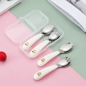 304 stainless steel kids cutlery set with cartoon bear handles and storage case