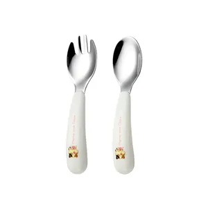 Child portable 304 stainless steel spoon and fork set with cartoon cat handles