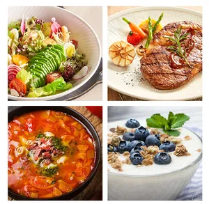 Detail van bestek gecombineerd met biefstuk, salade, tomatensoep en een yoghurtbowl