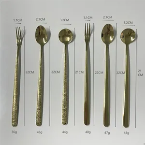 Size chart for gold stainless steel cutlery including spoon and fork dimensions and weight
