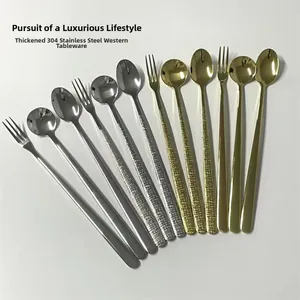 Detailed top view of 304 stainless steel spoons and forks with hammered handles