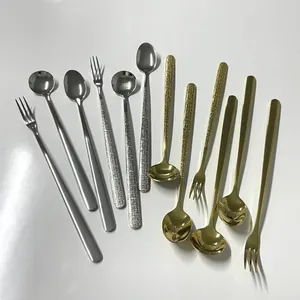 304 Stainless Steel Long Handle Coffee Spoon Stirring Spoon Elegant Stone Texture Gold Silver Fork Dessert Honey Spoon