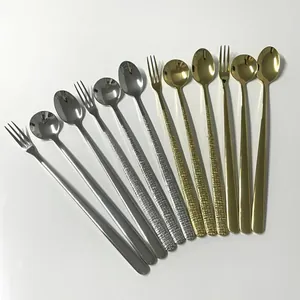 Elegant 304 stainless steel long handle coffee spoons and forks set in gold and silver