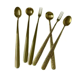6-piece gold stainless steel cutlery set with long handles and hammer pattern