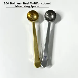 Detail view of 304 stainless steel measuring spoon with integrated bag sealing clip