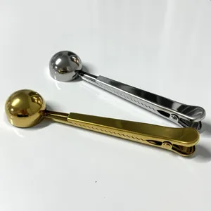 Detail of multi-functional 304 stainless steel coffee scoop with integrated sealing clip