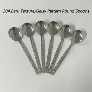 304 Stainless Steel Round Spoon Daisy Bark Textured Handle Mirror Polished Dessert Tableware For Home Dining