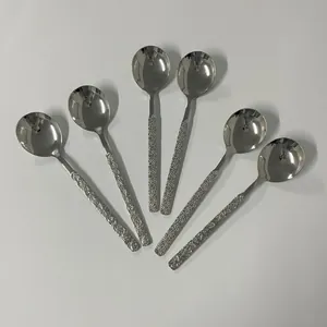 6-piece stainless steel spoon set with embossed daisy pattern and mirror finish handles