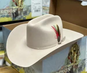 Detail view of beige wool felt cowboy hat with colorful feather accent on a Stetson box
