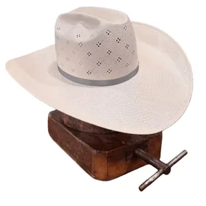 Straw cowboy hat with vintage hollow out diamond patterns and grey silk decorative band