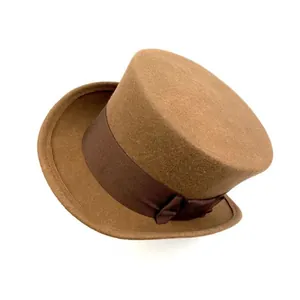 Classic brown wool felt top hat with elegant grosgrain ribbon and bow decoration