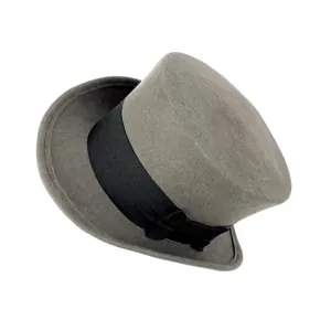 Classic grey wool felt top hat with black grosgrain ribbon and bow on white background