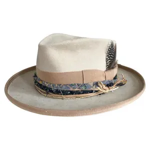 Fashionable teardrop wool fedora hat with bohemian ribbon and feather decor in beige