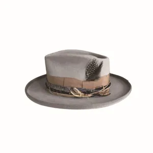 Classic grey wool teardrop fedora hat with ethnic patterned band and feather detail