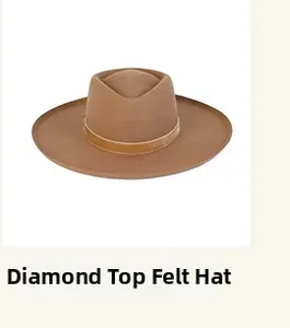 Détail d'un chapeau en feutre de laine camel avec couronne diamant et bord plat à ruban