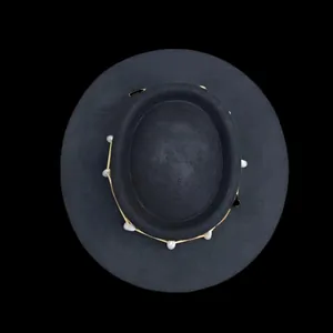 Dark grey wide-brim wool felt hat with gold cord and white sea shell decorations