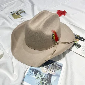 Western Cowboy Hat Wool Felt Fedora With Feather Decoration Wide Brim Adjustable Unisex Outdoor Outback Sun Hat
