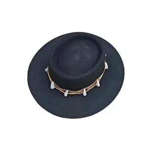 Classic black wool felt wide brim fedora hat with bohemian brown woven decorative band
