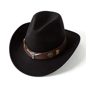 Sombrero Fedora de Fieltro de Lana Vaquero del Oeste Vintage para Hombre Mujer Ala Ancha Cabeza de Toro Banda de Cuero Moda