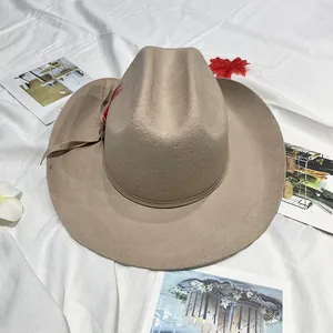 Classic khaki wool felt cowboy hat with slim leather band and red feather detail