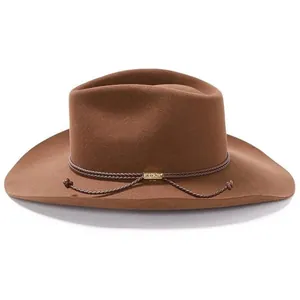 Sombrero de vaquero clásico de fieltro de lana marrón con banda trenzada y logo dorado