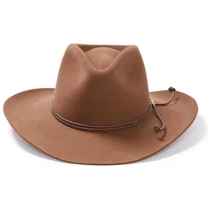 Sombrero vaquero clásico de fieltro marrón con ala ancha y cordón trenzado decorativo