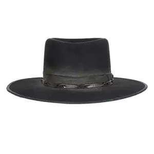 Chapeau pork pie noir en feutre de laine avec ruban décoratif en cuir tressé marron