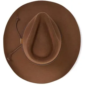 Sombrero fedora clásico de fieltro de lana marrón con ala ancha y cuerda trenzada