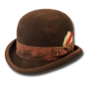 Classic dark brown wool felt bowler hat with grosgrain ribbon and feather accent