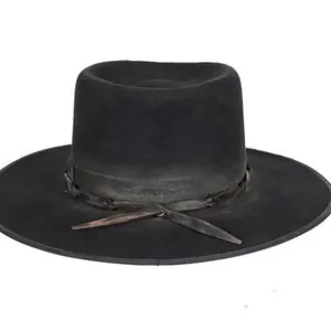 Chapeau en feutre de laine gris foncé classique avec garniture tressée et bord large